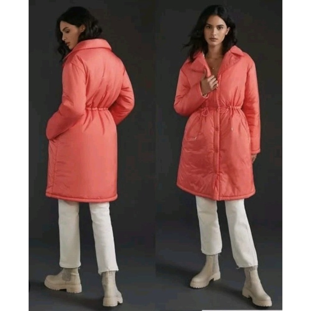NEW Maeve Anthropologie Cinched Waist Pink Coral Puffer Coat Jacket Long XS